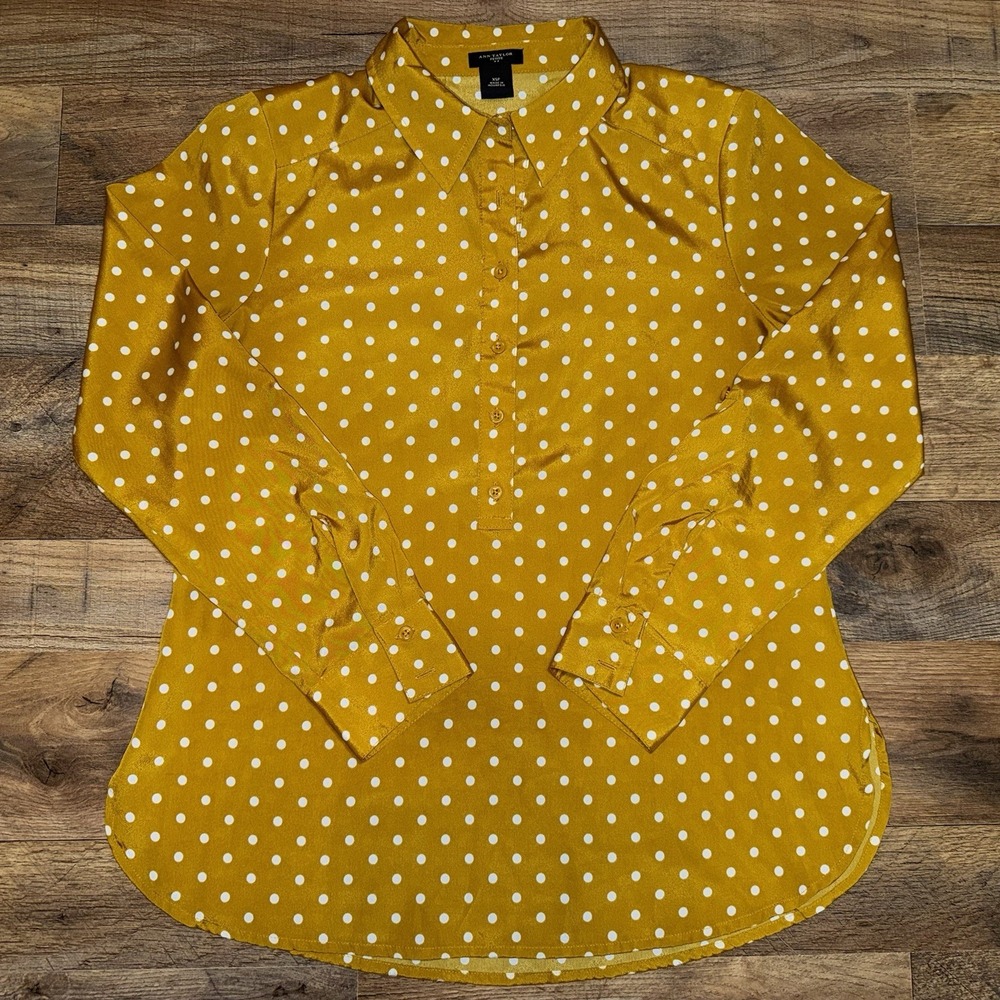 Ann Taylor Blouse Size XS Petite Long Roll Tab Sleeves Golden Yellow & White